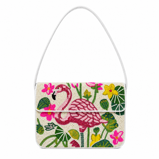 Tropical Themed Beaded Clutch with Vibrant Pink Flamingo