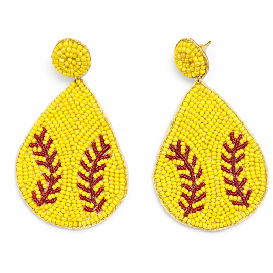 Softball Teardrop Seed Beaded Dangle Earrings