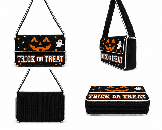 Trick or Treat Halloween Beaded Shoulder Bag Black Spooky Chic Party Purse