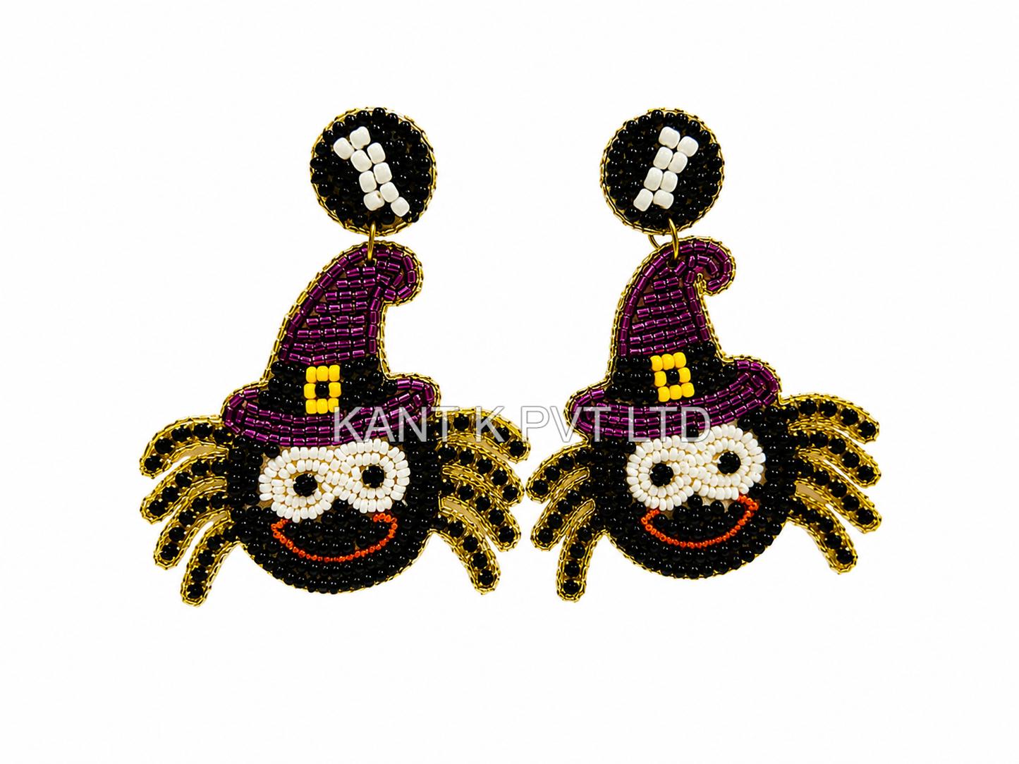 Handmade Beaded Witch Spider Earrings with Purple Witch Hat