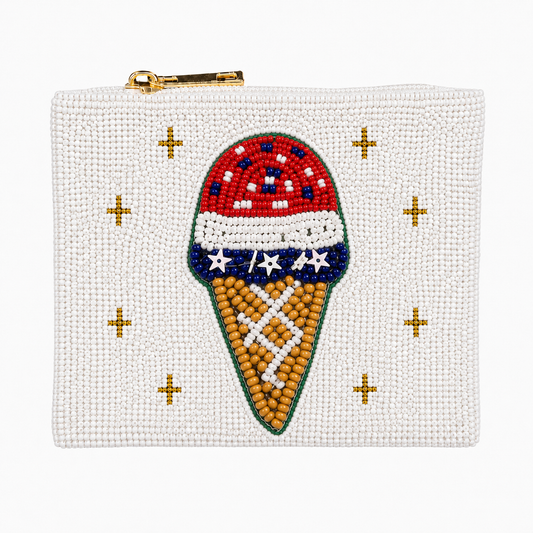 Patriotic USA Ice Cream Beaded Coin Purse Red White & Blue Handmade Mini Pouch