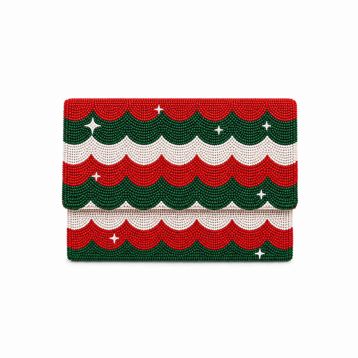 Handcrafted Beaded Festive Clutch Bag with Red, Green & White Scalloped Wave Pattern Bag