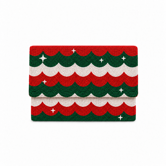 Handcrafted Beaded Festive Clutch Bag with Red, Green & White Scalloped Wave Pattern Bag