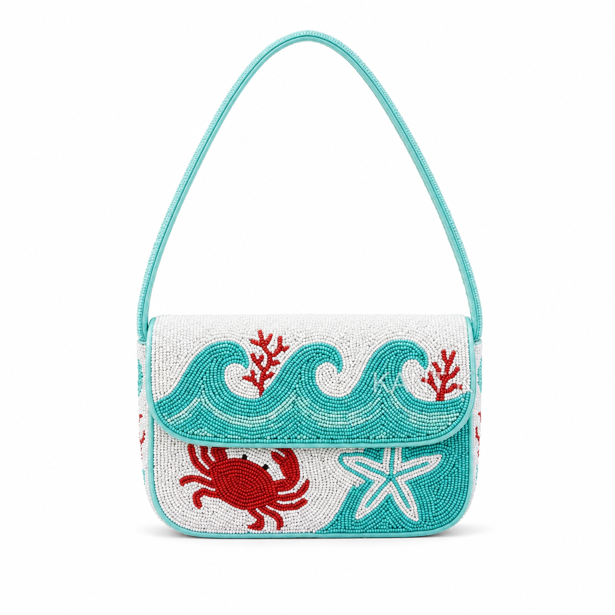Ocean Crab Beaded Shoulder Bag Handmade Coastal Beach Statement Purse