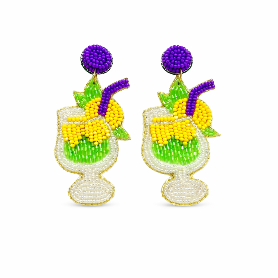Cocktail Green Lime Lemon Seed Bead Felt Drop Pierced Earrings