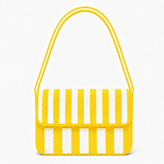 Handcrafted Yellow & White Striped Beaded Shoulder Bag