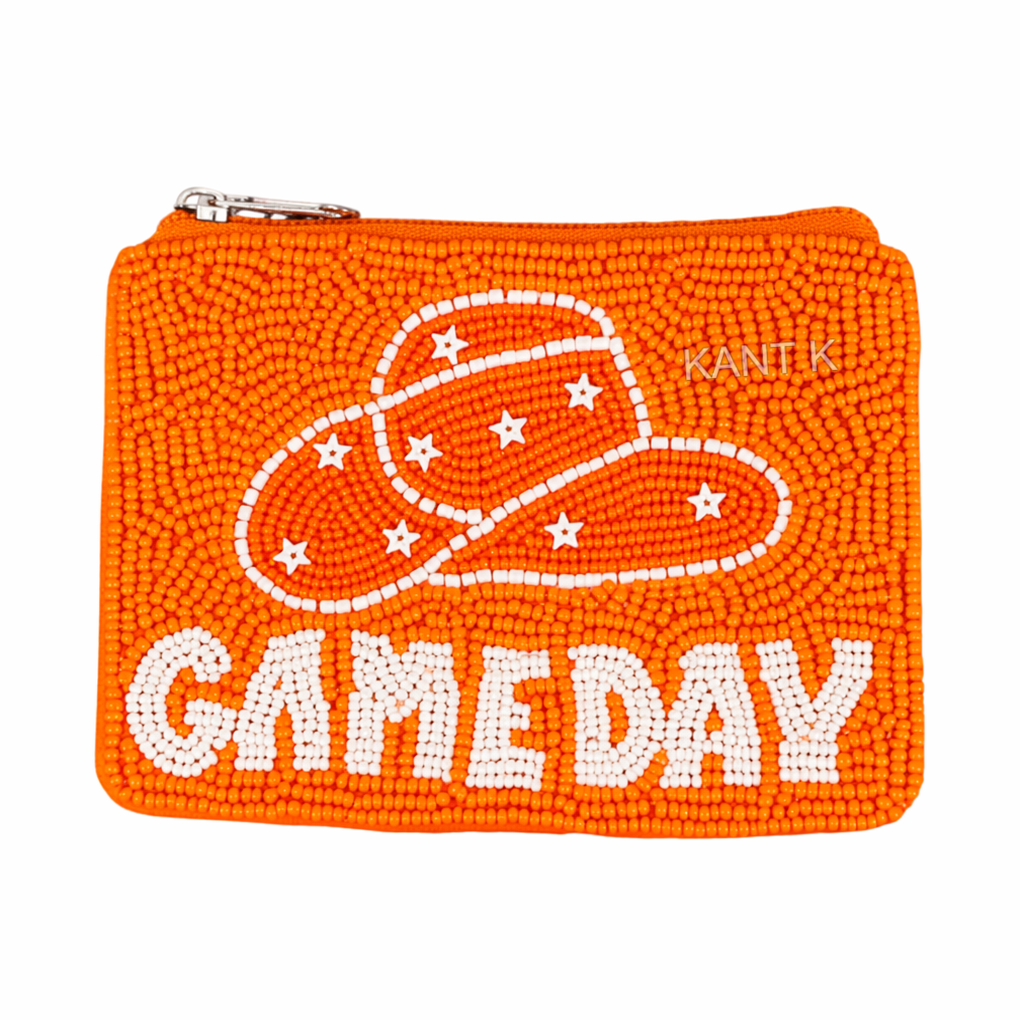 Cowboy Orange Game Day Beaded Coin Purse Western Football Fan Wallet