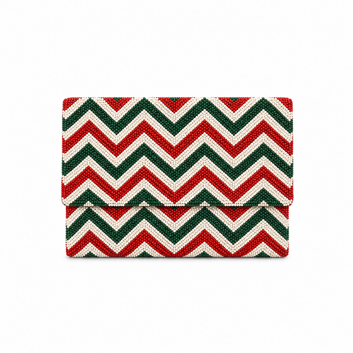 Festive Red, White & Green Beaded Clutch Bag Handcrafted Zigzag Pattern Evening Purse