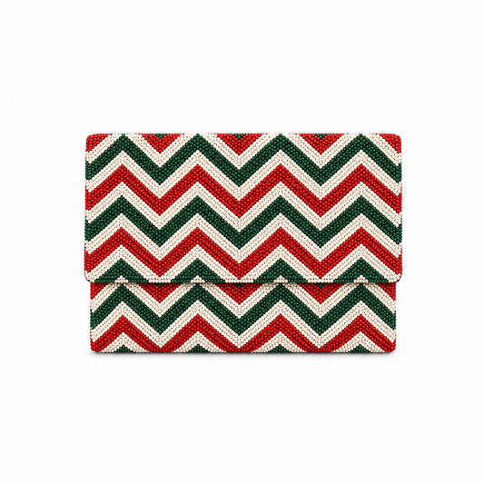 Festive Red, White & Green Beaded Clutch Bag Handcrafted Zigzag Pattern Evening Purse