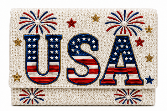 USA 4th of July Beaded Clutch Patriotic Red, White & Blue Handcrafted Evening Bag