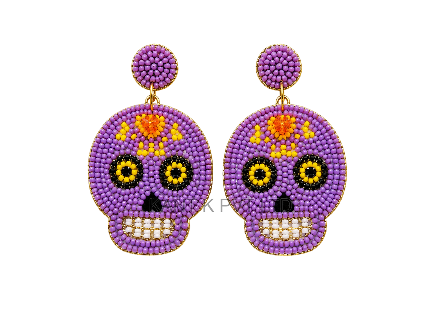 Handmade Lavender Sugar Skull Beaded Dangle Earrings