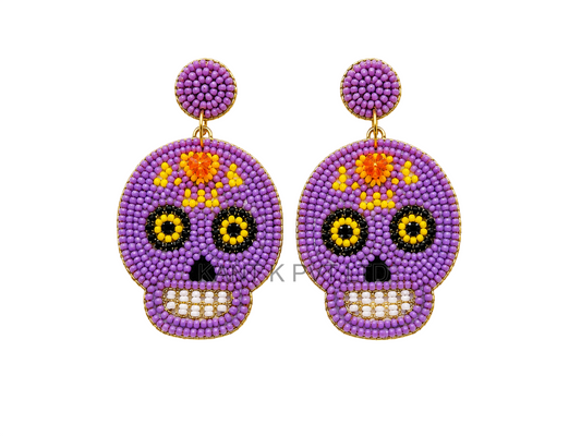 Handmade Lavender Sugar Skull Beaded Dangle Earrings