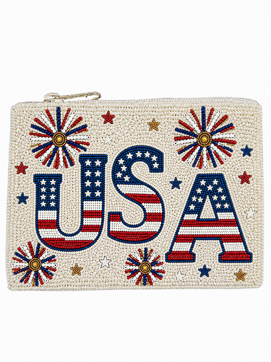 4th of July Patriotic USA Beaded Coin Purse American Flag Mini Wallet