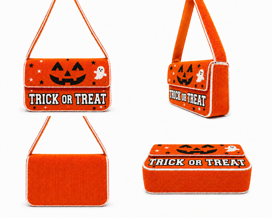 Trick or Treat Halloween Beaded Shoulder Bag Orange Spooky Chic Party Purse