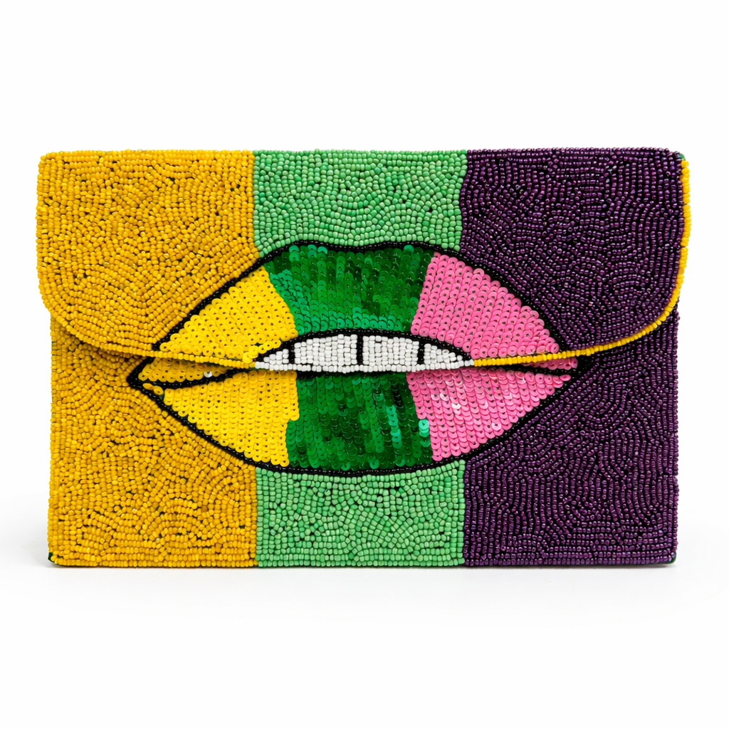 Mardi Gras Beaded Lips Clutch Purple, Green & Gold Statement Evening Bag
