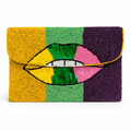Mardi Gras Beaded Lips Clutch Purple, Green & Gold Statement Evening Bag
