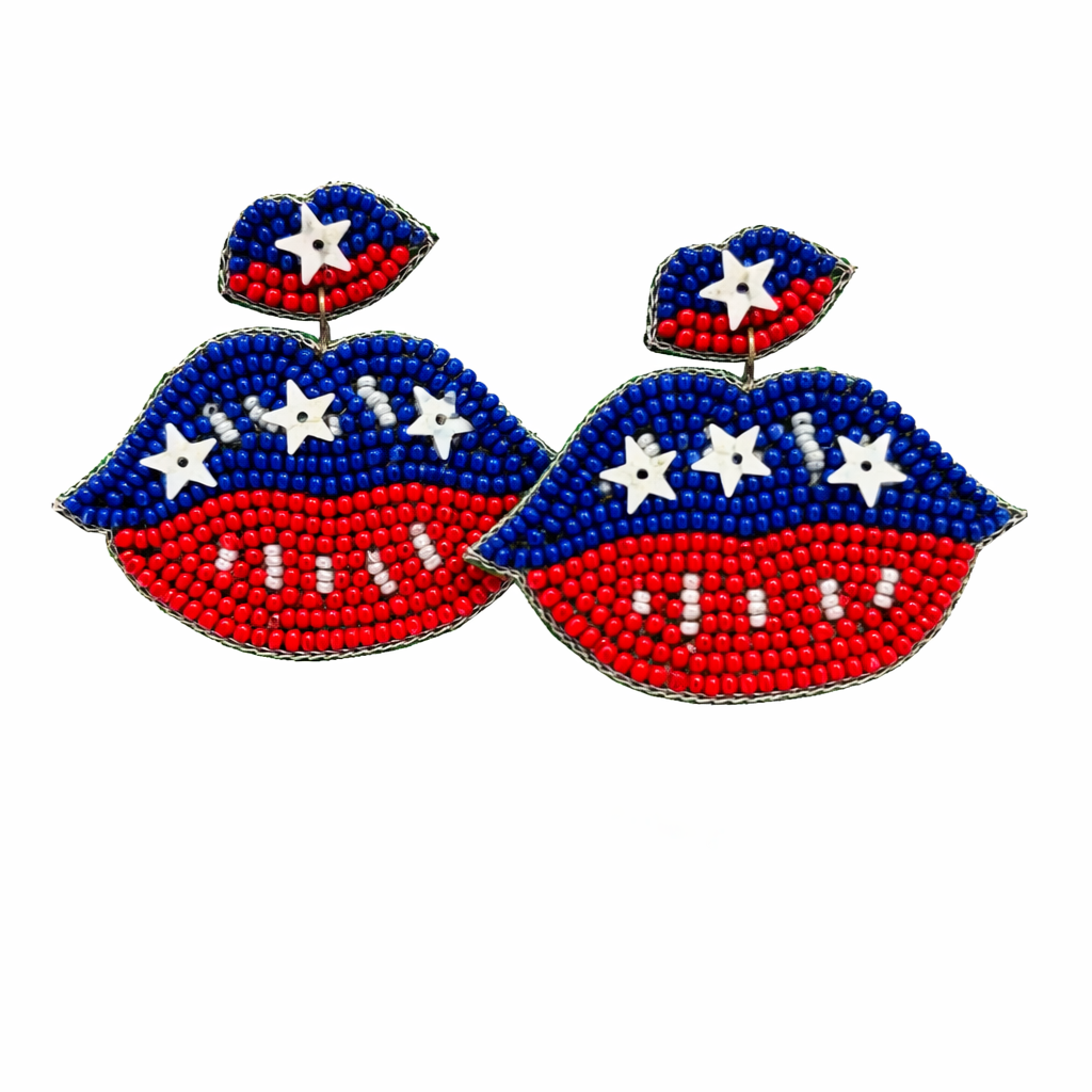 Red, Blue and White Beaded Lip Statement Earrings