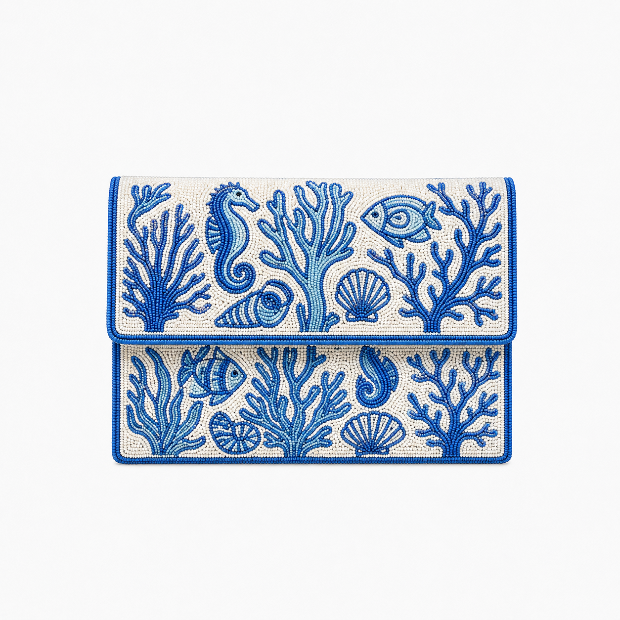 Blue & White Handcrafted Beaded Canvas Clutch