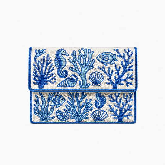 Blue & White Handcrafted Beaded Canvas Clutch