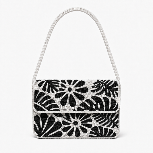 Black and White Floral Hand Beaded Shoulder Bag Handmade Statement Purse