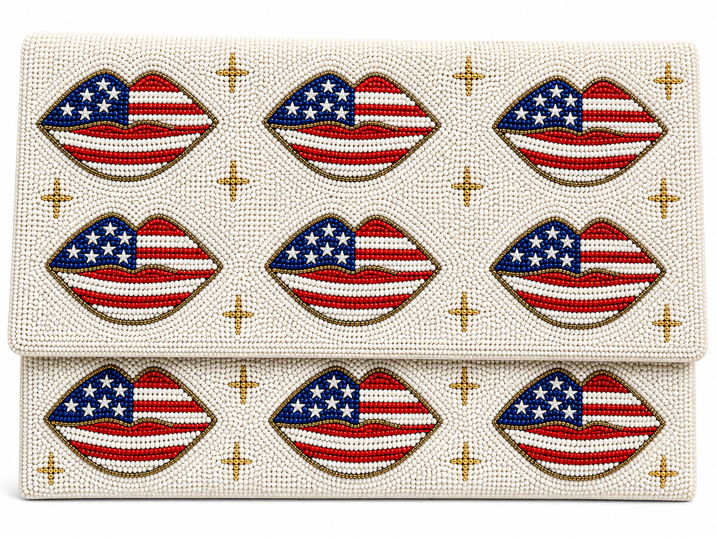 USA Flag Lips Beaded Clutch Patriotic Statement Handbag