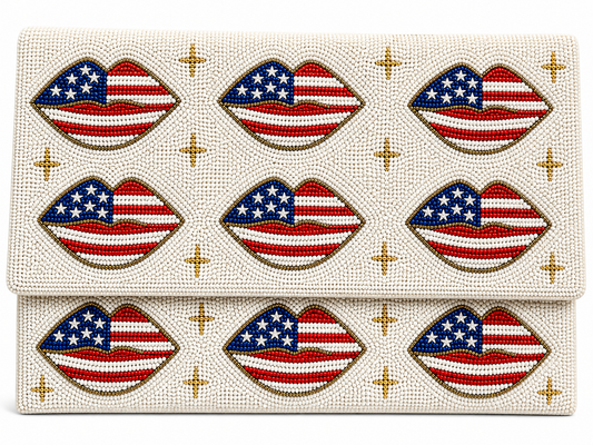 USA Flag Lips Beaded Clutch Patriotic Statement Handbag
