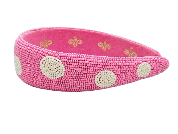 Pink Polka Dot Beaded Sequin Headband Stylish & Fun Statement Hairband