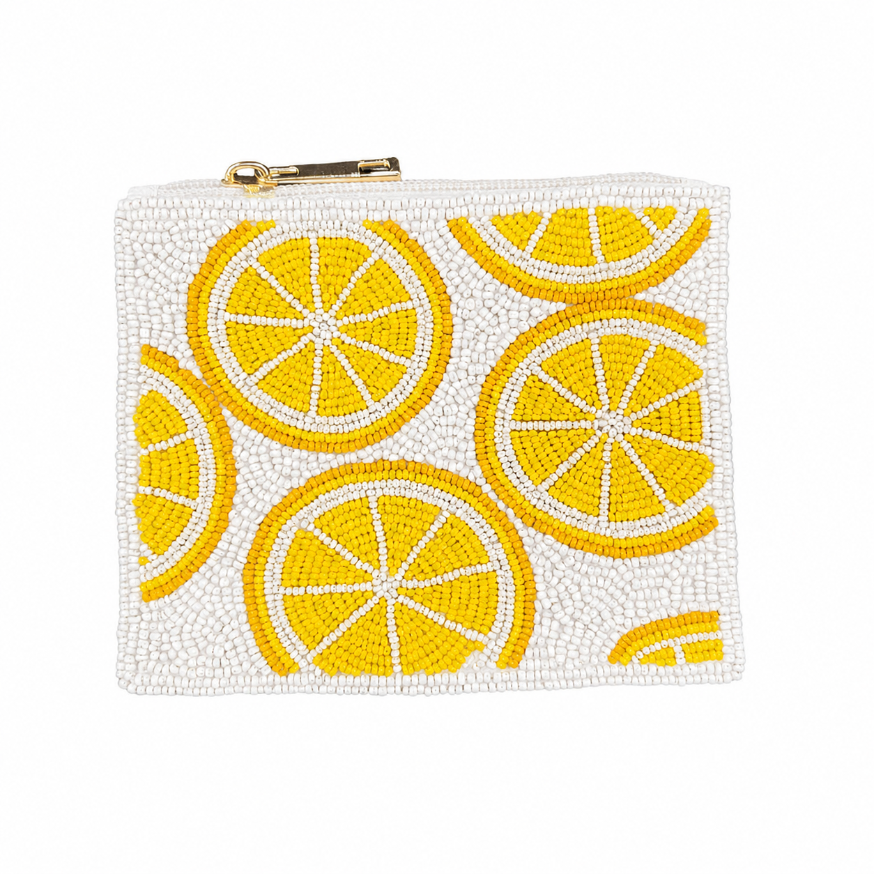 Handmade White and Yellow Summer Lemon Beaded Coin Purse