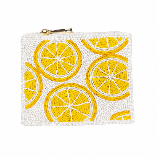 Handmade White and Yellow Summer Lemon Beaded Coin Purse