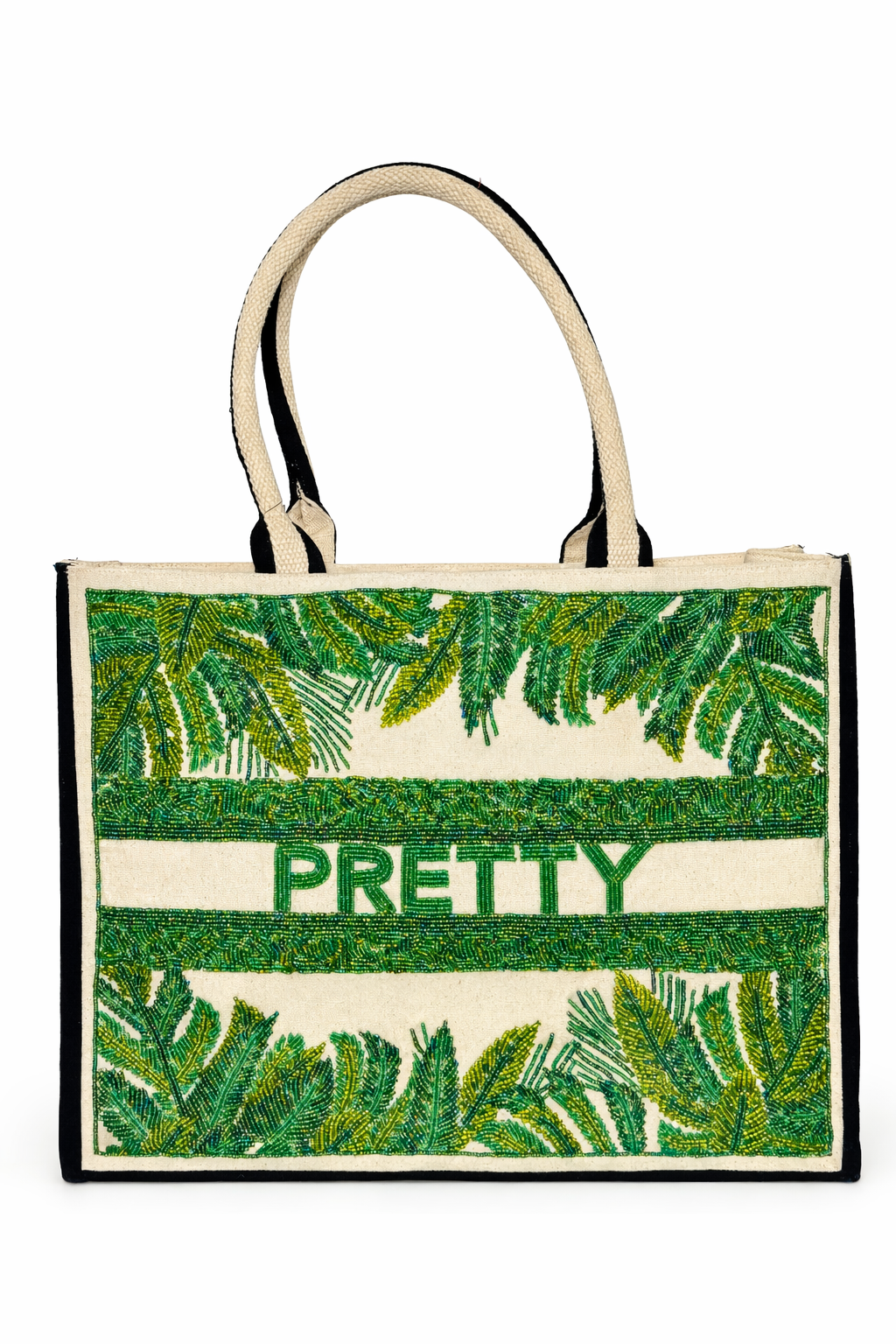 PRETTY LEAFS Hand-Beaded Canvas Tote Bag