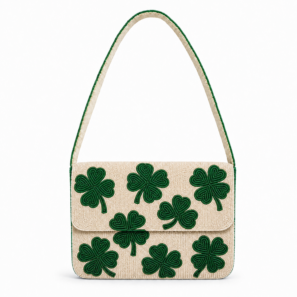 Hand-Beaded Green Four-Leaf Clover Shoulder Bag