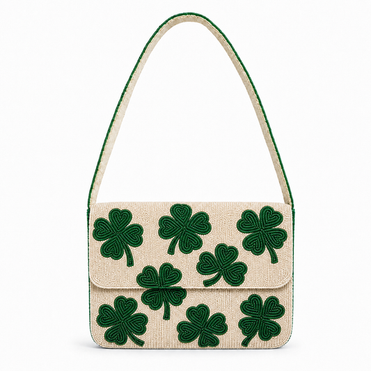 Hand-Beaded Green Four-Leaf Clover Shoulder Bag