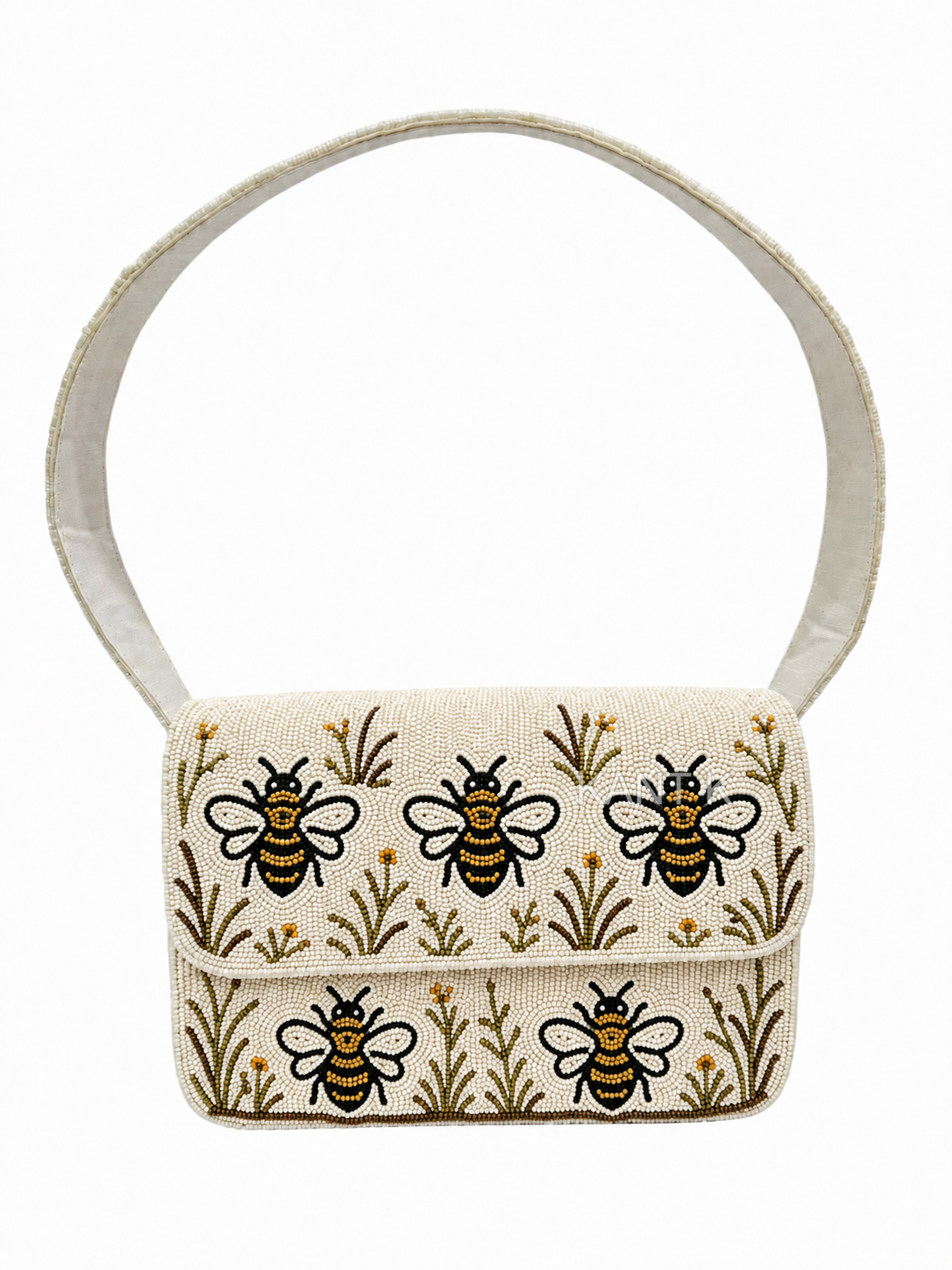 White Beaded Shoulder Bag with Bee & Wildflower Design
