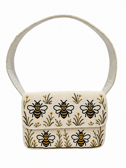 White Beaded Shoulder Bag with Bee & Wildflower Design