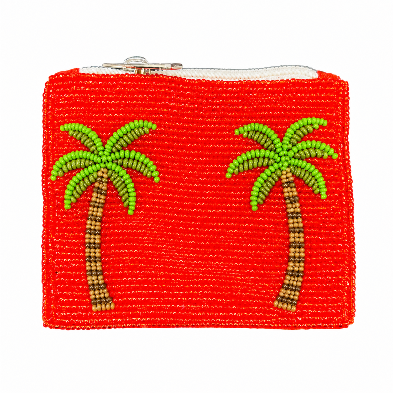 Tropical Summer Red & Green Palm Tree Beaded Coin Purse