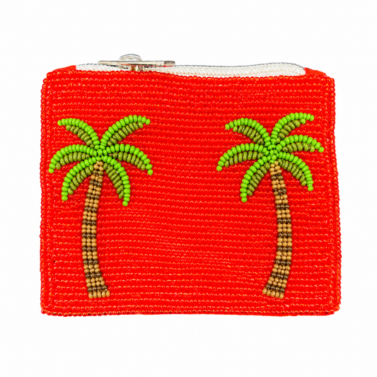 Tropical Summer Red & Green Palm Tree Beaded Coin Purse