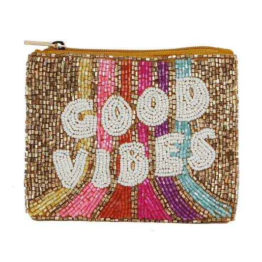 Good Vibes Rainbow Beaded Coin Purse Colorful Handmade Zip Pouch