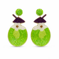Handmade Coconut Water Beaded Embroidery Earrings for women & girls, featuring green, white, and purple beads with round green tops and a small gold accent—unique handcrafted accessories to elevate any outfit.