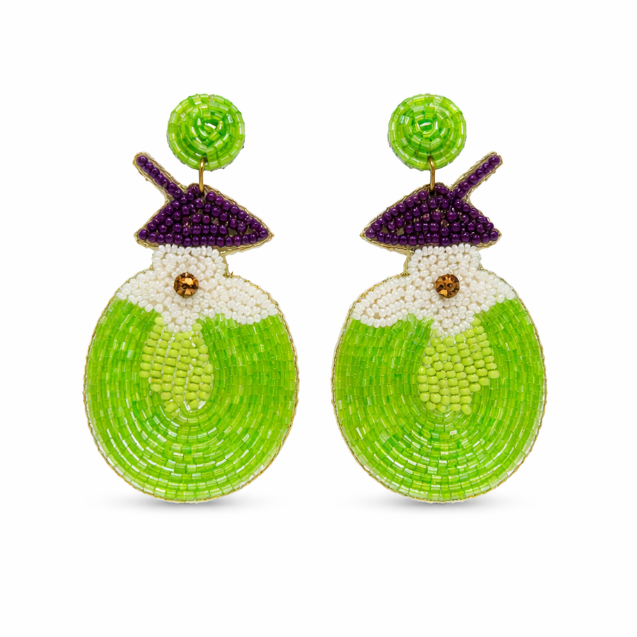 Handmade Coconut Water Beaded Embroidery Earrings for women & girls, featuring green, white, and purple beads with round green tops and a small gold accent—unique handcrafted accessories to elevate any outfit.