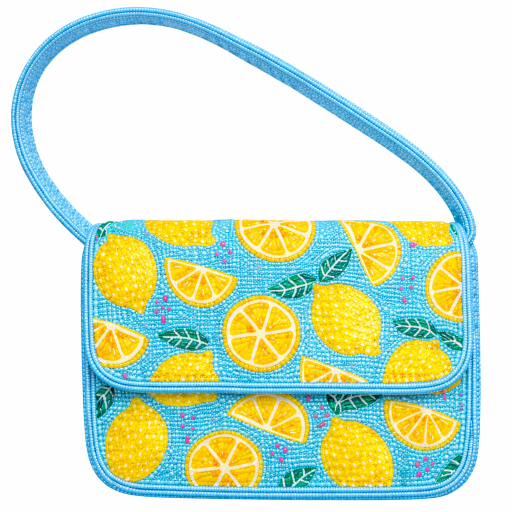 The Handmade Lemon Beaded Mini Bag is a multicolor summer statement accessory, featuring yellow lemon designs and a long blue strap—perfect for adding playful style to your look.