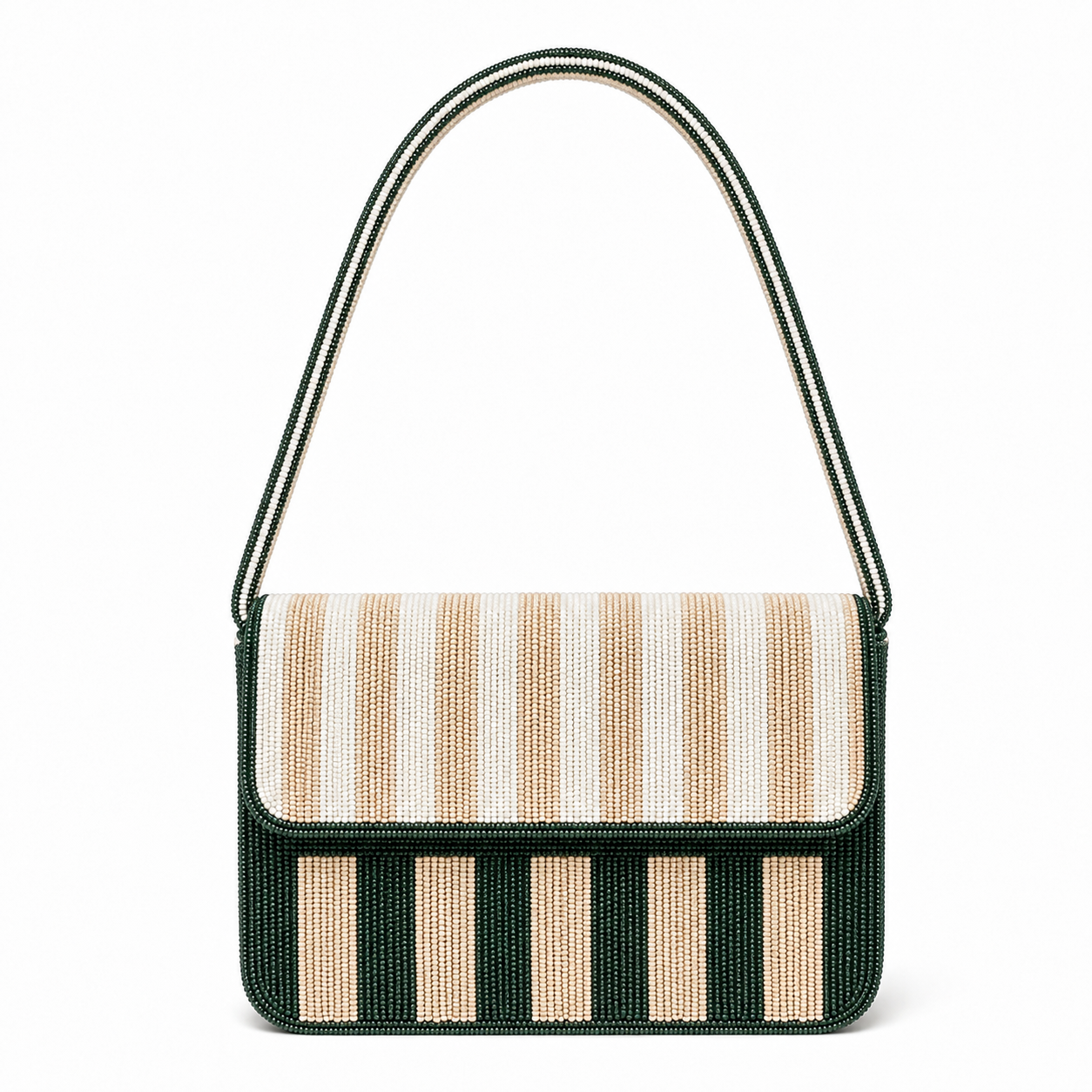 Handcrafted Green, Gold & White Striped Beaded Shoulder Bag