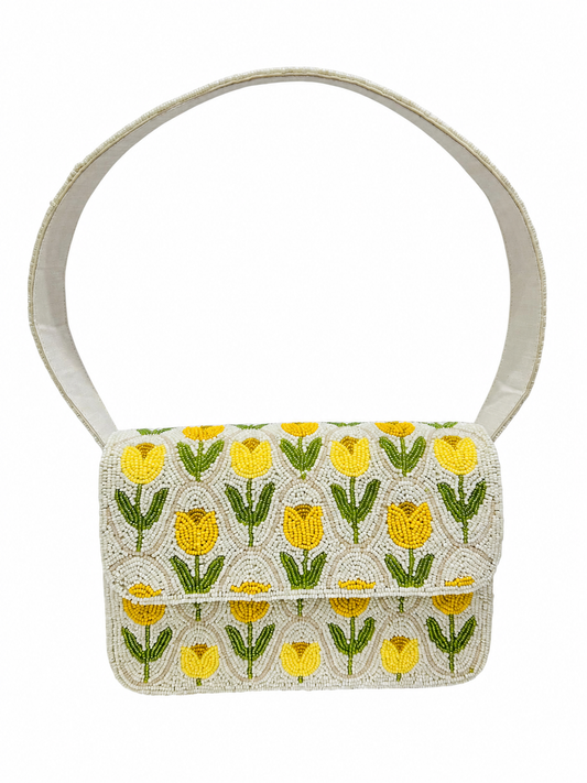 Handmade Yellow Tulip Beaded Shoulder Bag Floral Beaded Purse