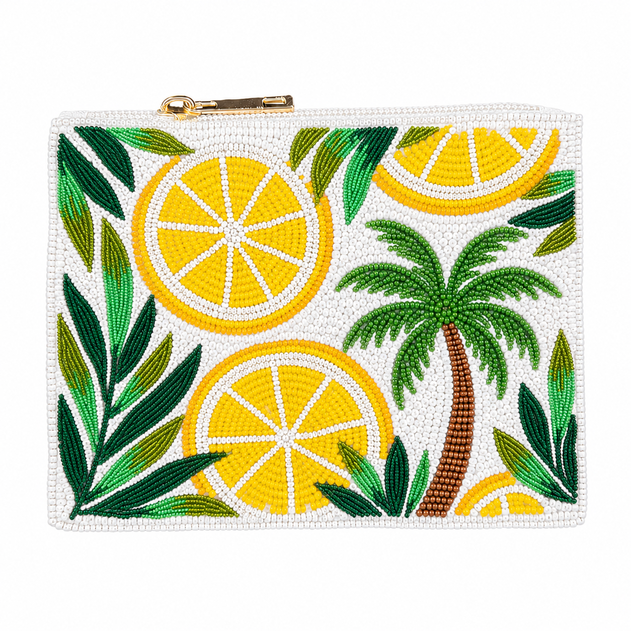 Handcrafted Tropical Summer Lemons & Palm Tree Beaded Coin Pouch
