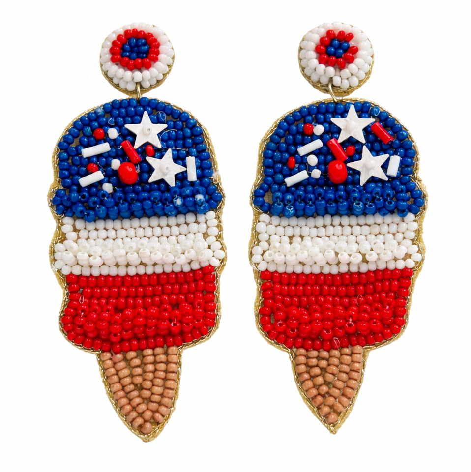4th of July Ice-cream Shape Beaded Earrings Handmade Red, White & Blue Statement Earrings