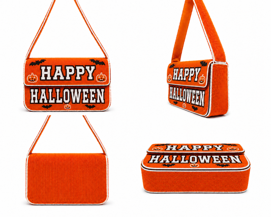 Halloween Orange, White & Black Beaded Shoulder Bag
