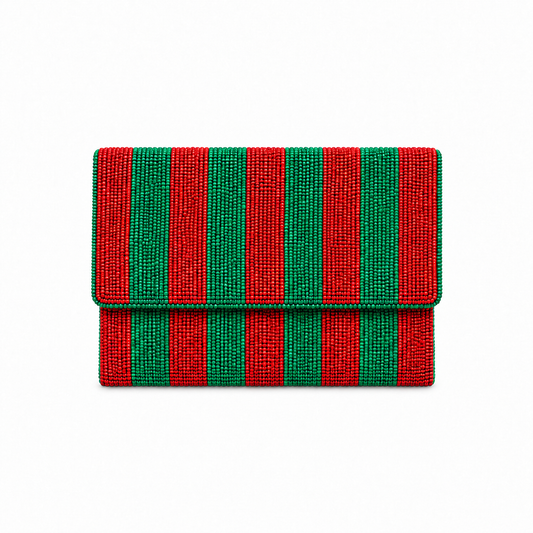 Hand-Beaded Vertical Red & Green Stripe Pattern Traditional Beadwork Design
