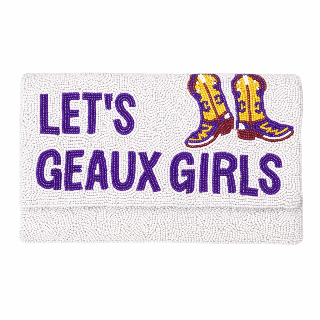 Let's Go Geaux Girls White Beaded Clutch Purse Handmade Statement Evening Bag