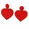 Handmade Red Beaded Earrings for Valentine’s Day feature large heart-shaped dangles and small round studs, all in red beads on a white background—an ideal romantic gift.