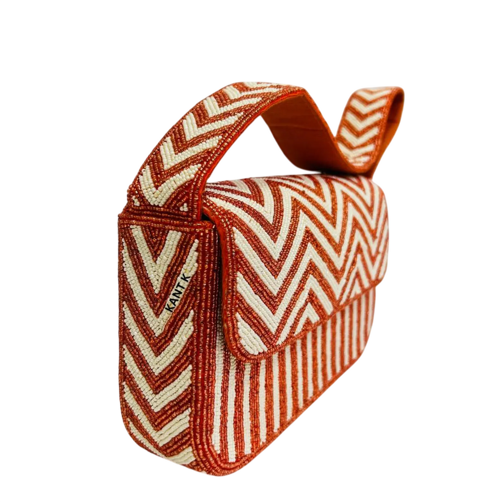 Handcrafted Red and White Zig Zag Strips Beaded Shoulder Bag