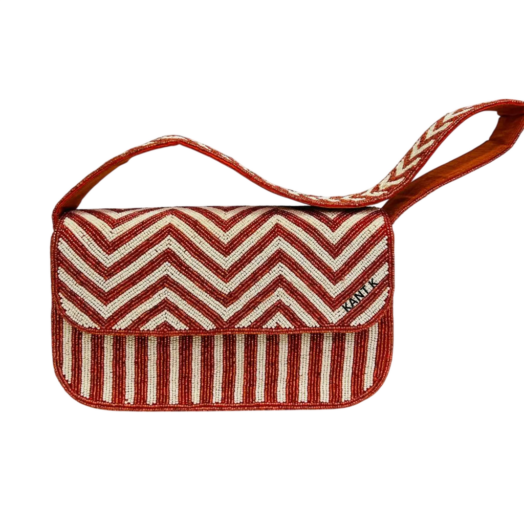 Handcrafted Red and White Zig Zag Strips Beaded Shoulder Bag